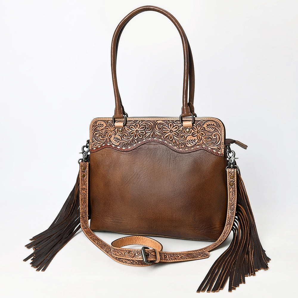 ADBG1527 American Darling Western Hand-Tooled Leather Tote Bag with Floral Carving and Dramatic Fringes
