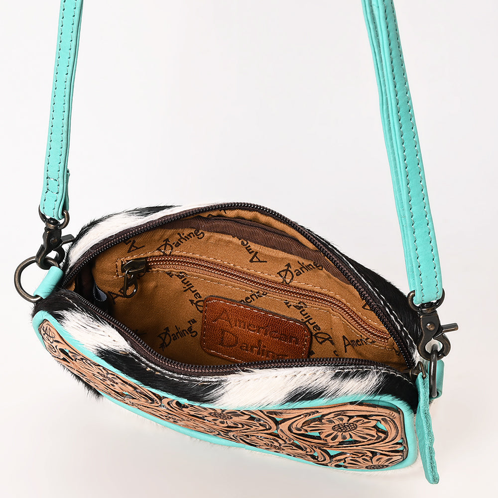 ADBG1528 American Darling Western Hair-on Cowhide Small Crossbody Bag with Hand-Tooled Floral Accents