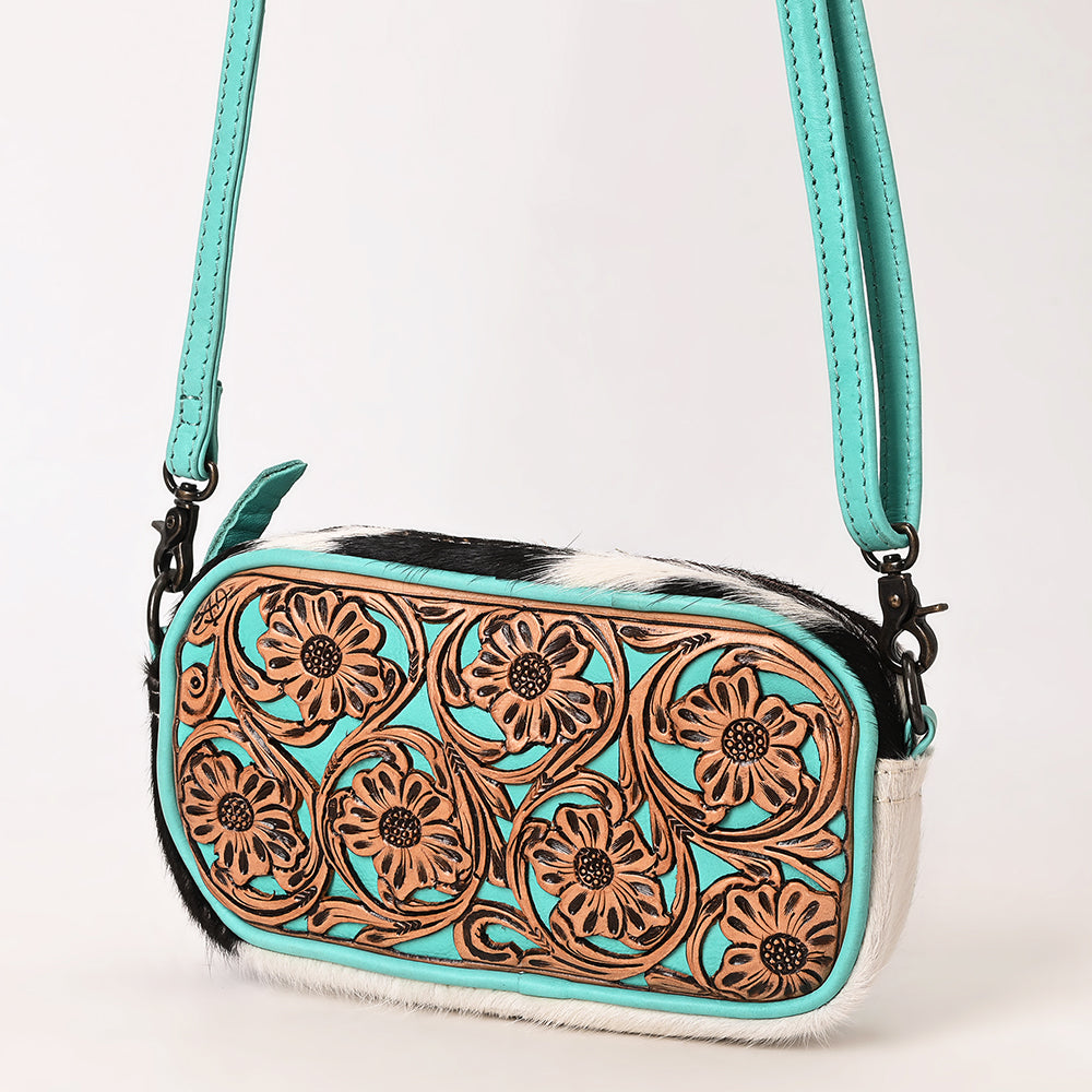 ADBG1528 American Darling Western Hair-on Cowhide Small Crossbody Bag with Hand-Tooled Floral Accents