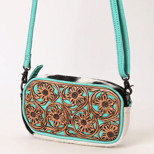 ADBG1528 American Darling Western Hair-on Cowhide Small Crossbody Bag with Hand-Tooled Floral Accents