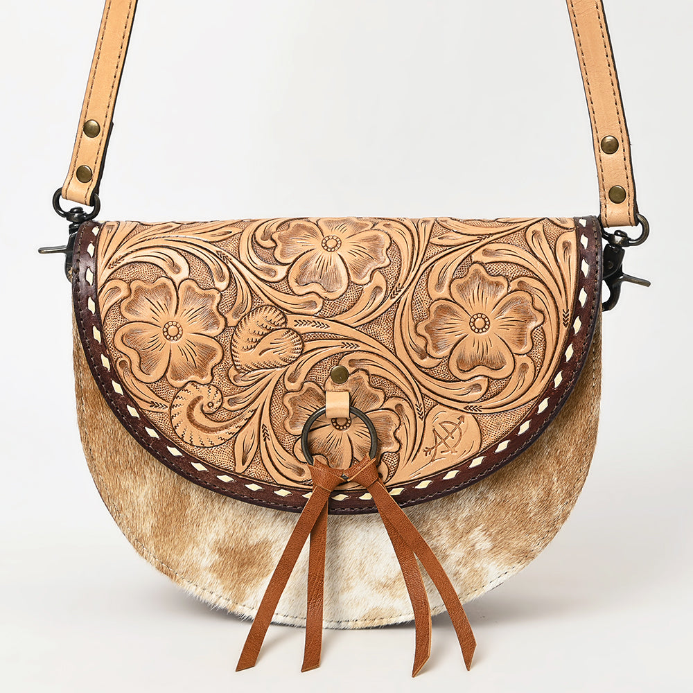 ADBG1529 American Darling Western Leather Small Crossbody Bag with Hair-On Cowhide & Hand-Tooled Floral Design