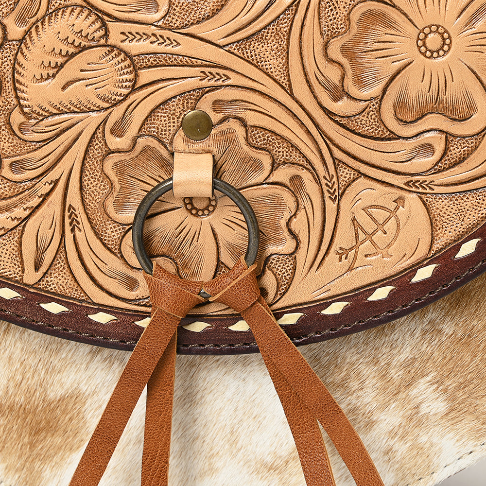 ADBG1529 American Darling Western Leather Small Crossbody Bag with Hair-On Cowhide & Hand-Tooled Floral Design