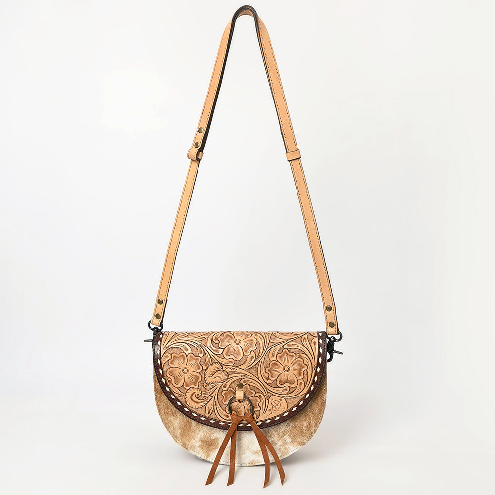ADBG1529 American Darling Western Leather Small Crossbody Bag with Hair-On Cowhide & Hand-Tooled Floral Design