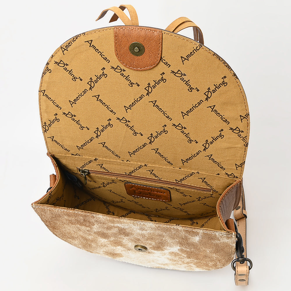 ADBG1529 American Darling Western Leather Small Crossbody Bag with Hair-On Cowhide & Hand-Tooled Floral Design