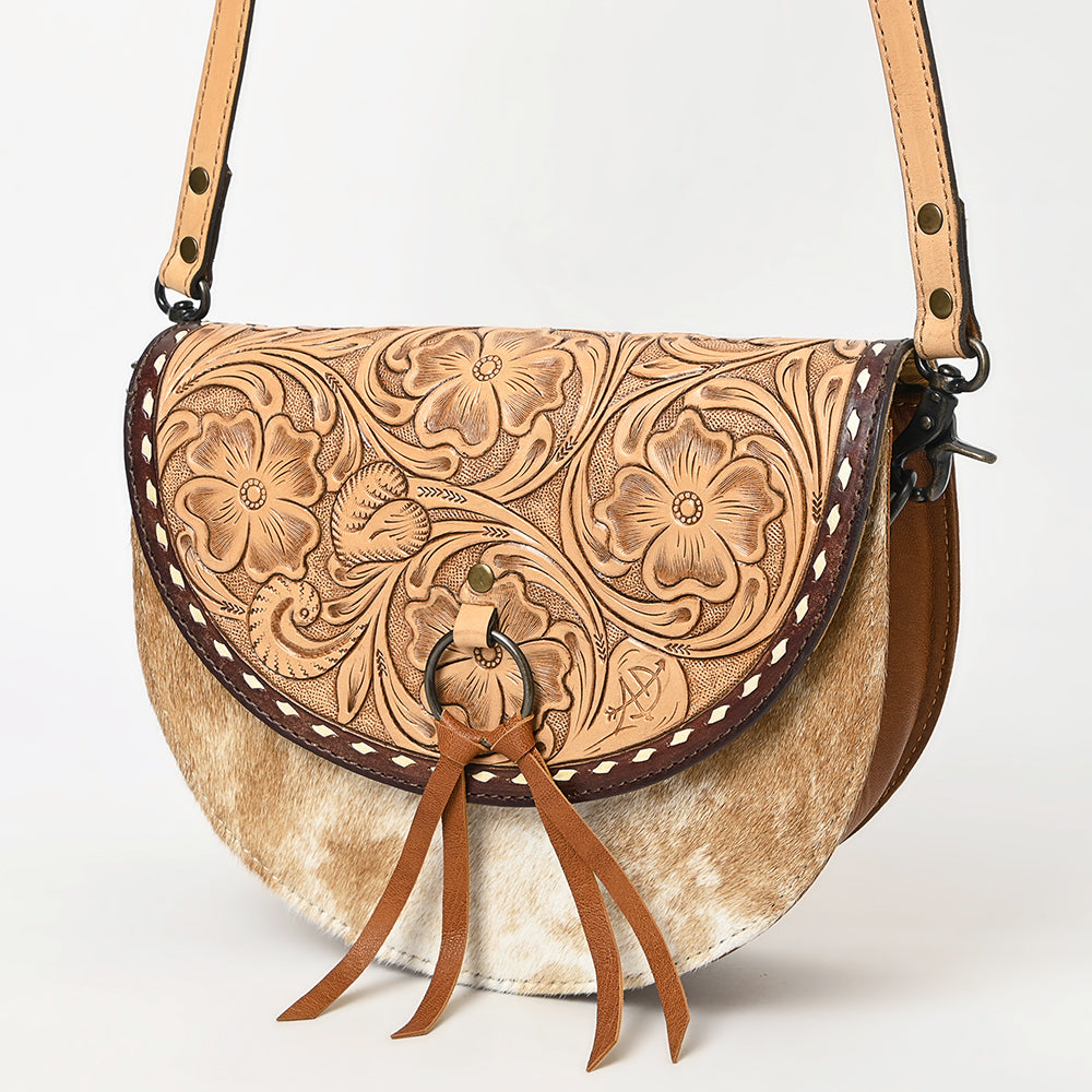 ADBG1529 American Darling Western Leather Small Crossbody Bag with Hair-On Cowhide & Hand-Tooled Floral Design