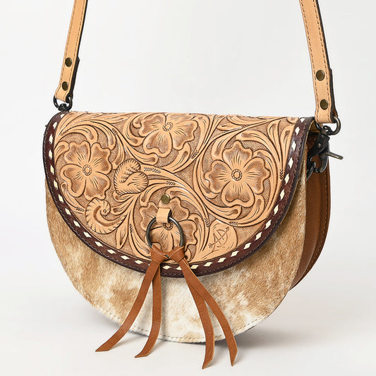 ADBG1529 American Darling Western Leather Small Crossbody Bag with Hair-On Cowhide & Hand-Tooled Floral Design