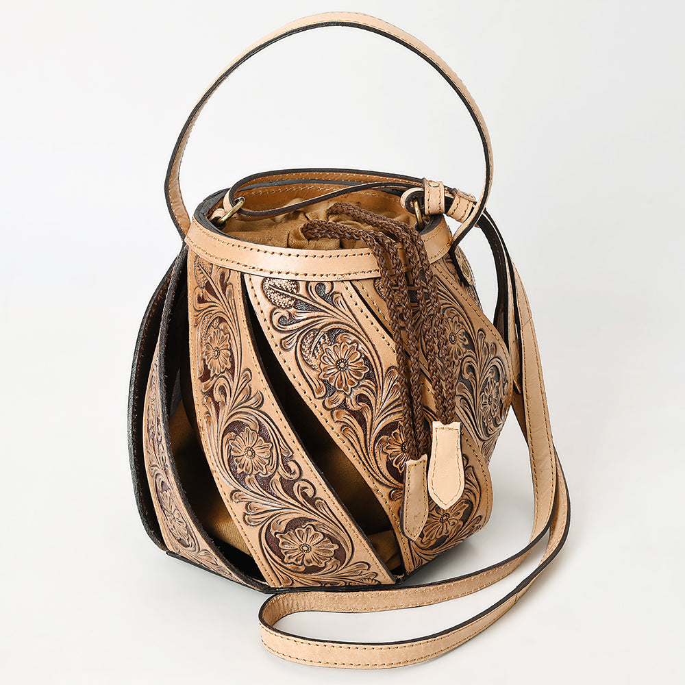ADBGA589 Hand-Tooled Genuine Leather Bucket Bag-Western Style Drawstring Purse for Women