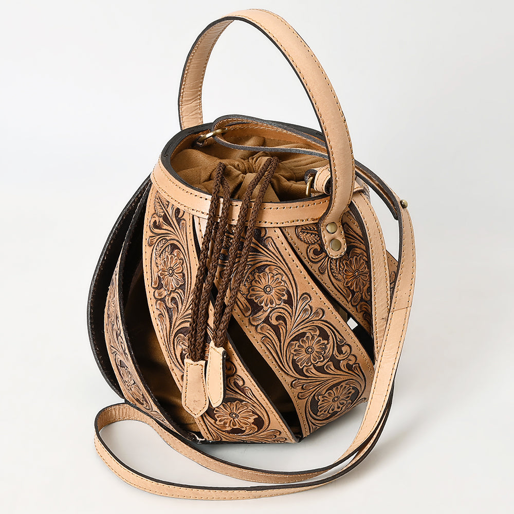 ADBGA589 Hand-Tooled Genuine Leather Bucket Bag-Western Style Drawstring Purse for Women
