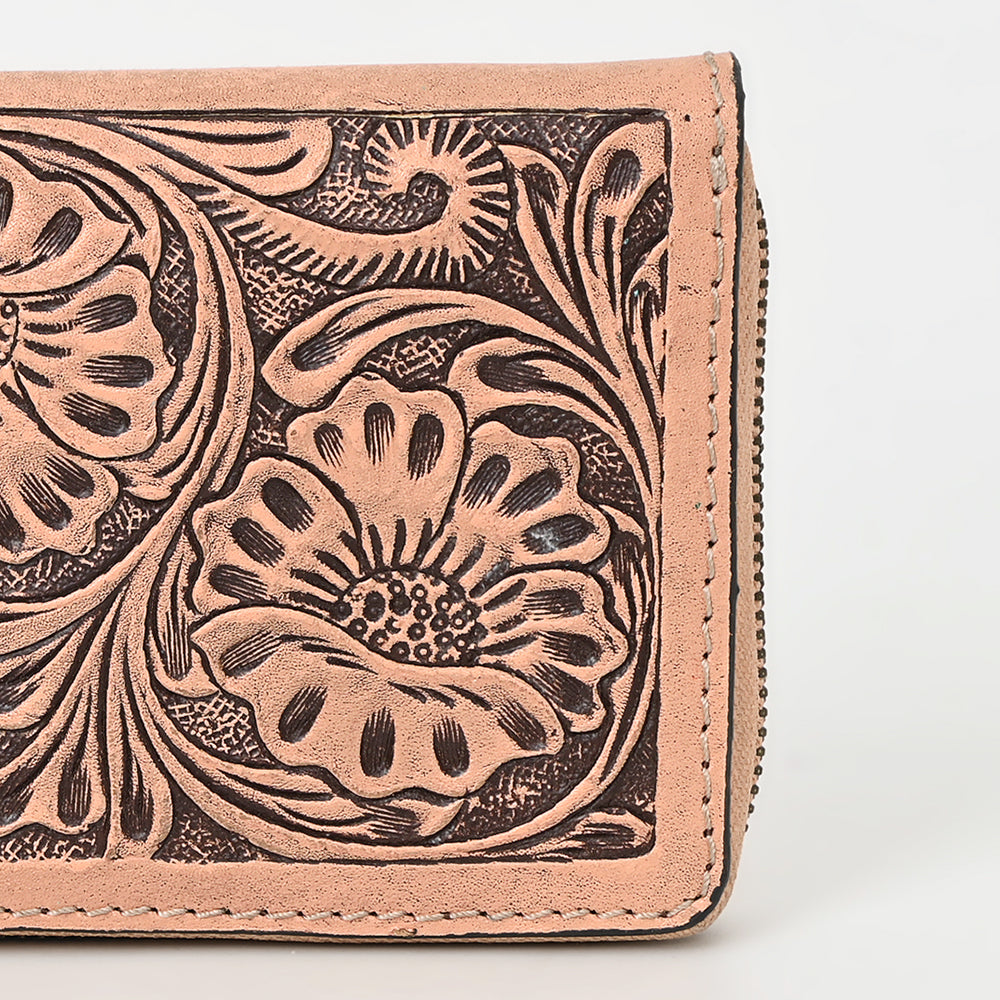 ADBGZ870 Tan Hand-Tooled Leather Zip Wallet Western Floral Clutch | American Darling