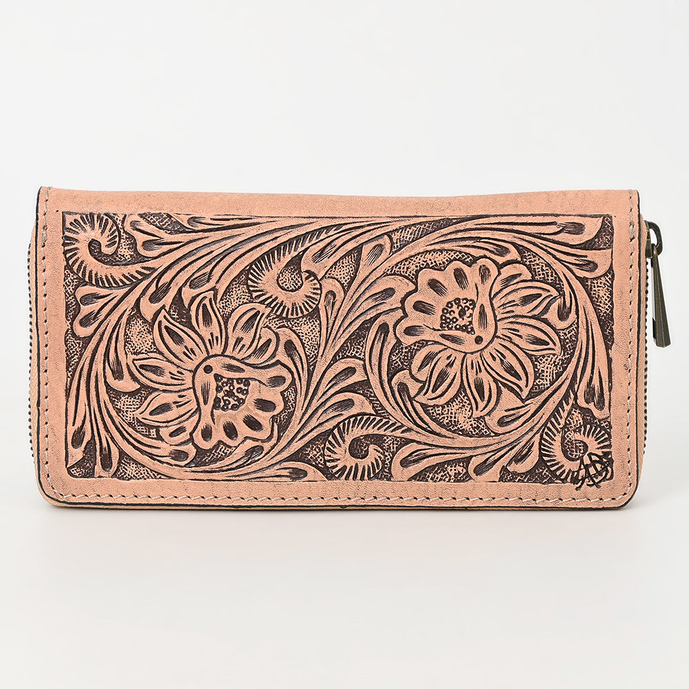 ADBGZ870 Tan Hand-Tooled Leather Zip Wallet Western Floral Clutch | American Darling