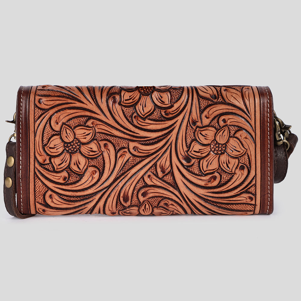 ADBGM295 Hand-Tooled Leather Clutch Wallet - Western Floral Design & Detachable Strap