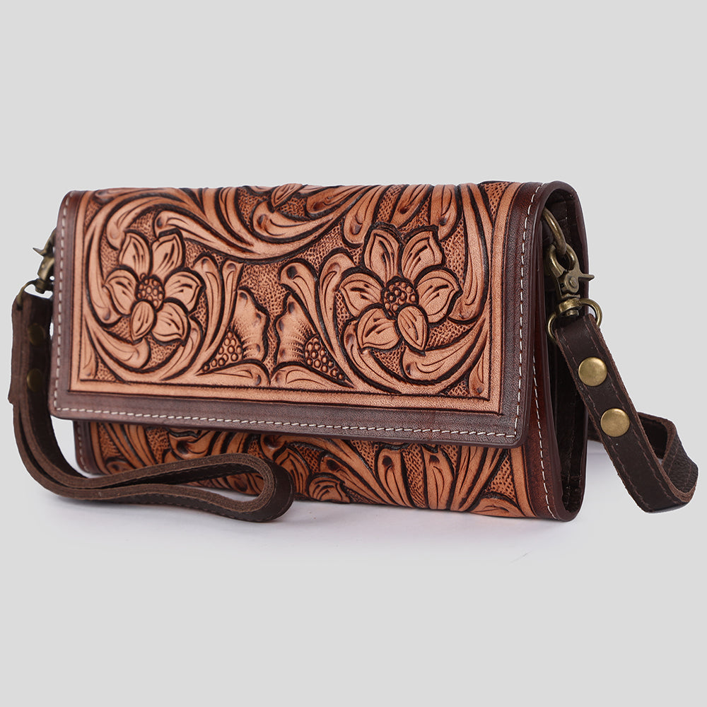ADBGM295 Hand-Tooled Leather Clutch Wallet - Western Floral Design & Detachable Strap