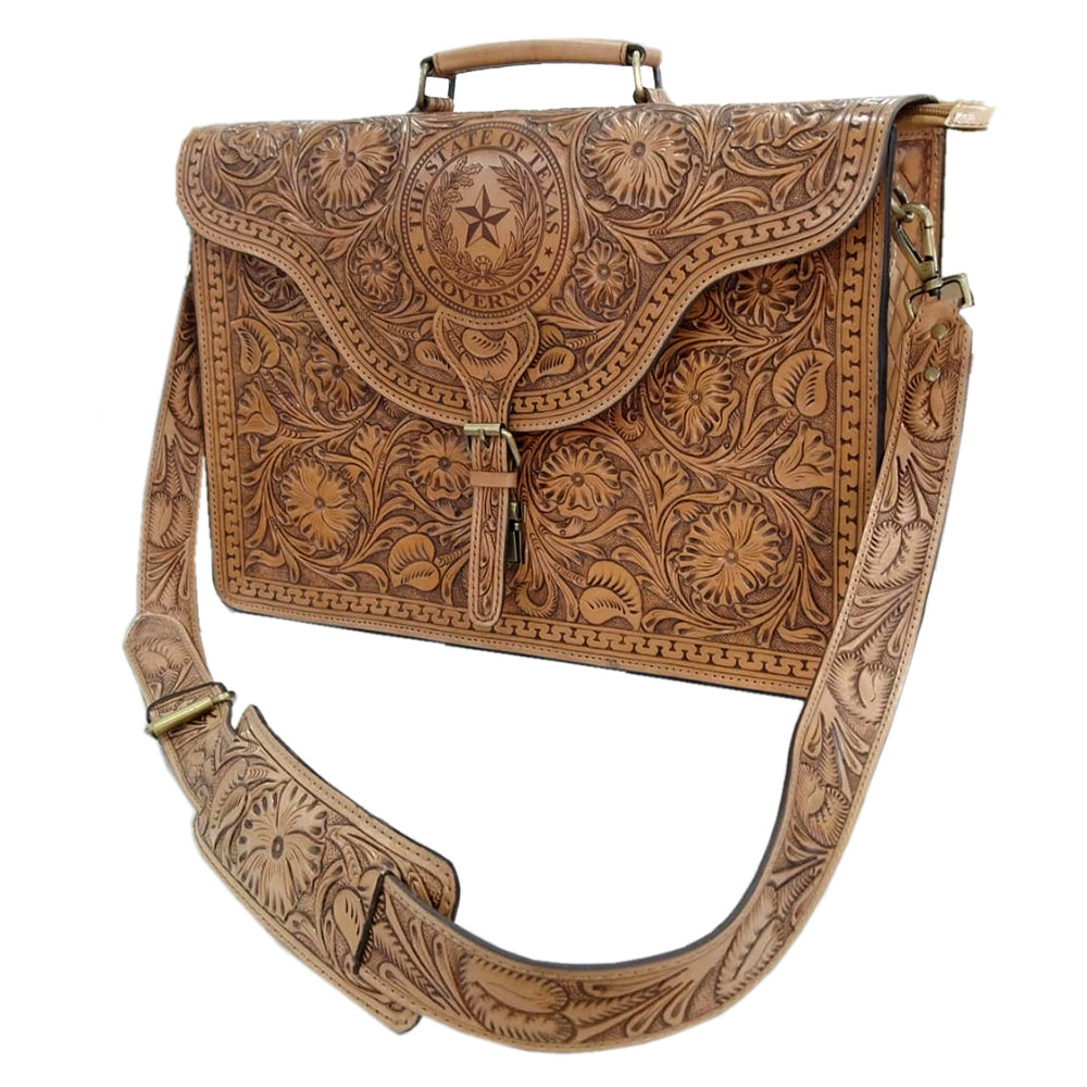 GIBGX1412 American Darling Hand Tooled Leather Briefcase - Floral Carved Western Laptop Bag