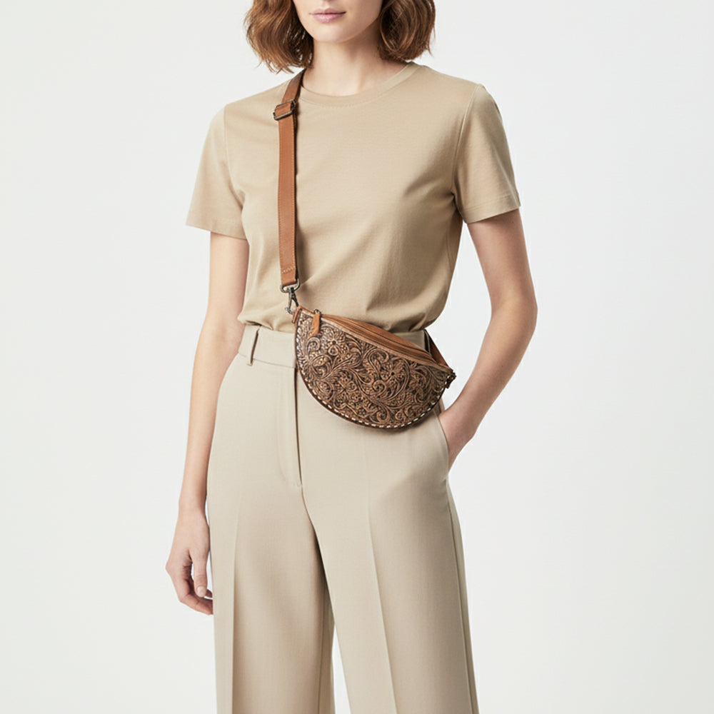 ADBG1531 American Darling Western Leather Fanny Pack with Hand-Tooled Floral Design - Genuine Full-Grain Leather