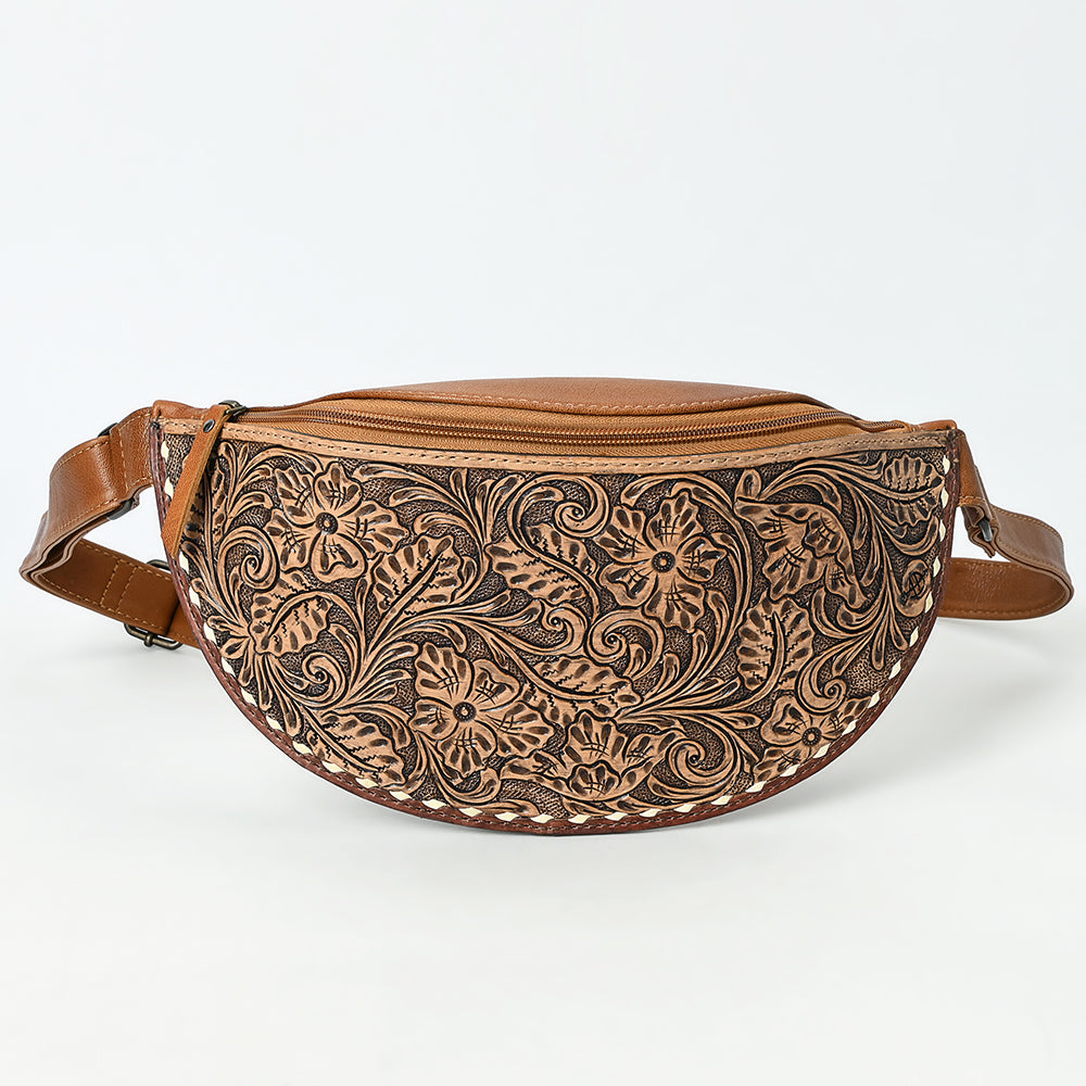 ADBG1531 American Darling Western Leather Fanny Pack with Hand-Tooled Floral Design - Genuine Full-Grain Leather