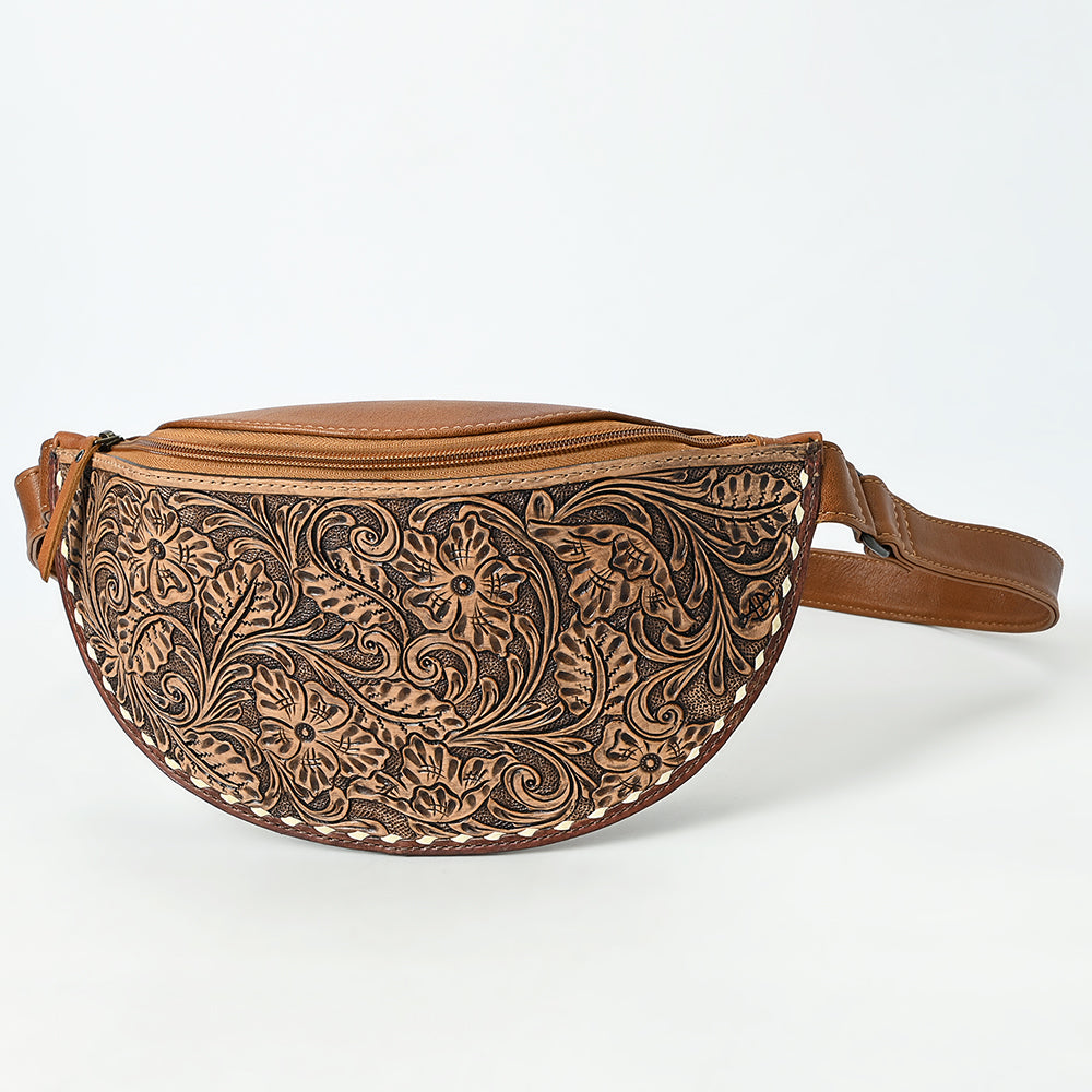 ADBG1531 American Darling Western Leather Fanny Pack with Hand-Tooled Floral Design - Genuine Full-Grain Leather