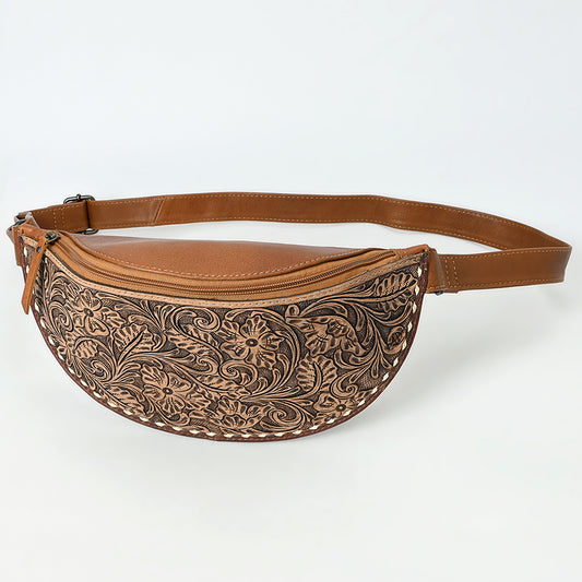 ADBG1531 American Darling Western Leather Fanny Pack with Hand-Tooled Floral Design - Genuine Full-Grain Leather