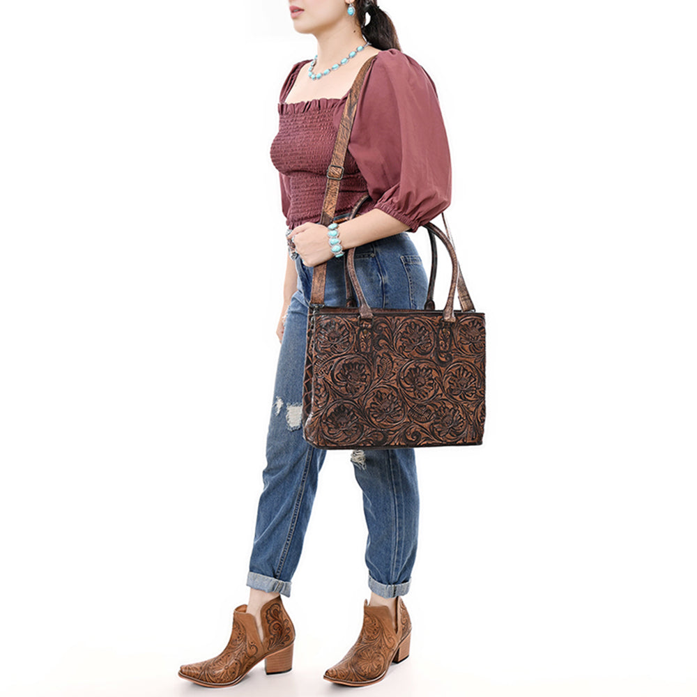 ADBG1532 American Darling Western Leather Tote Bag with Metallic Bronze Tooled Leather - Genuine Full-Grain Leather