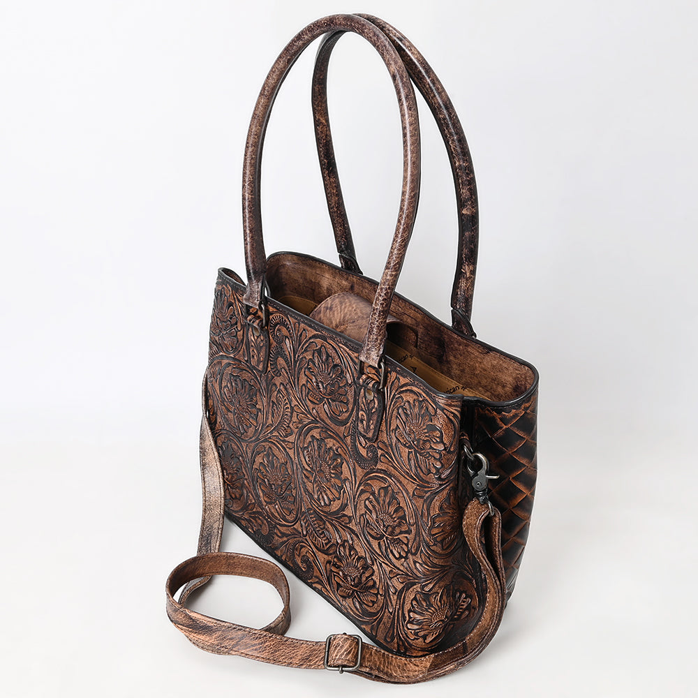 ADBG1532 American Darling Western Leather Tote Bag with Metallic Bronze Tooled Leather - Genuine Full-Grain Leather