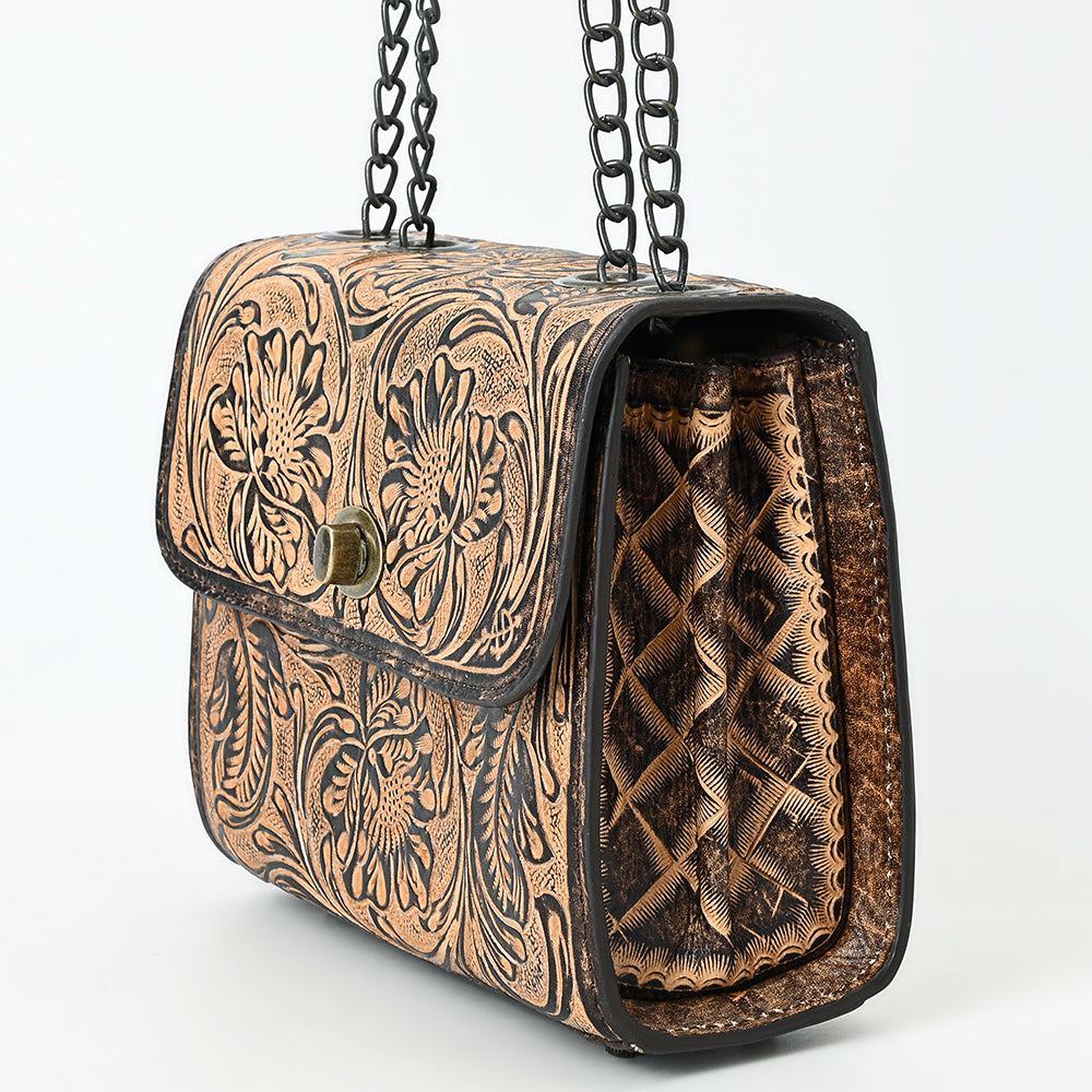 ADBG1534 American Darling Western Leather Small Crossbody Bag with Hand-Tooled Floral Design - Genuine Leather