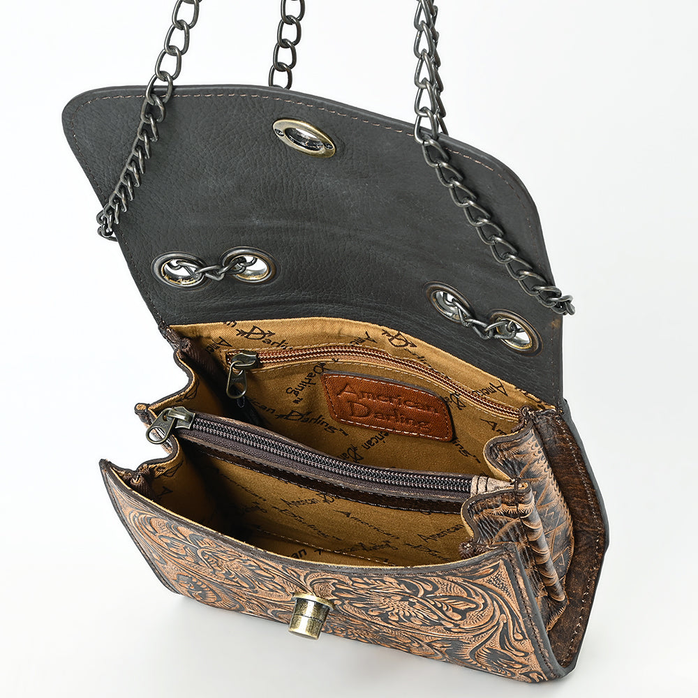 ADBG1534 American Darling Western Leather Small Crossbody Bag with Hand-Tooled Floral Design - Genuine Leather