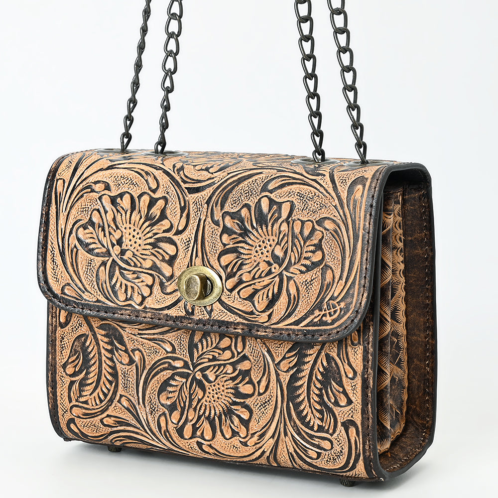 ADBG1534 American Darling Western Leather Small Crossbody Bag with Hand-Tooled Floral Design - Genuine Leather