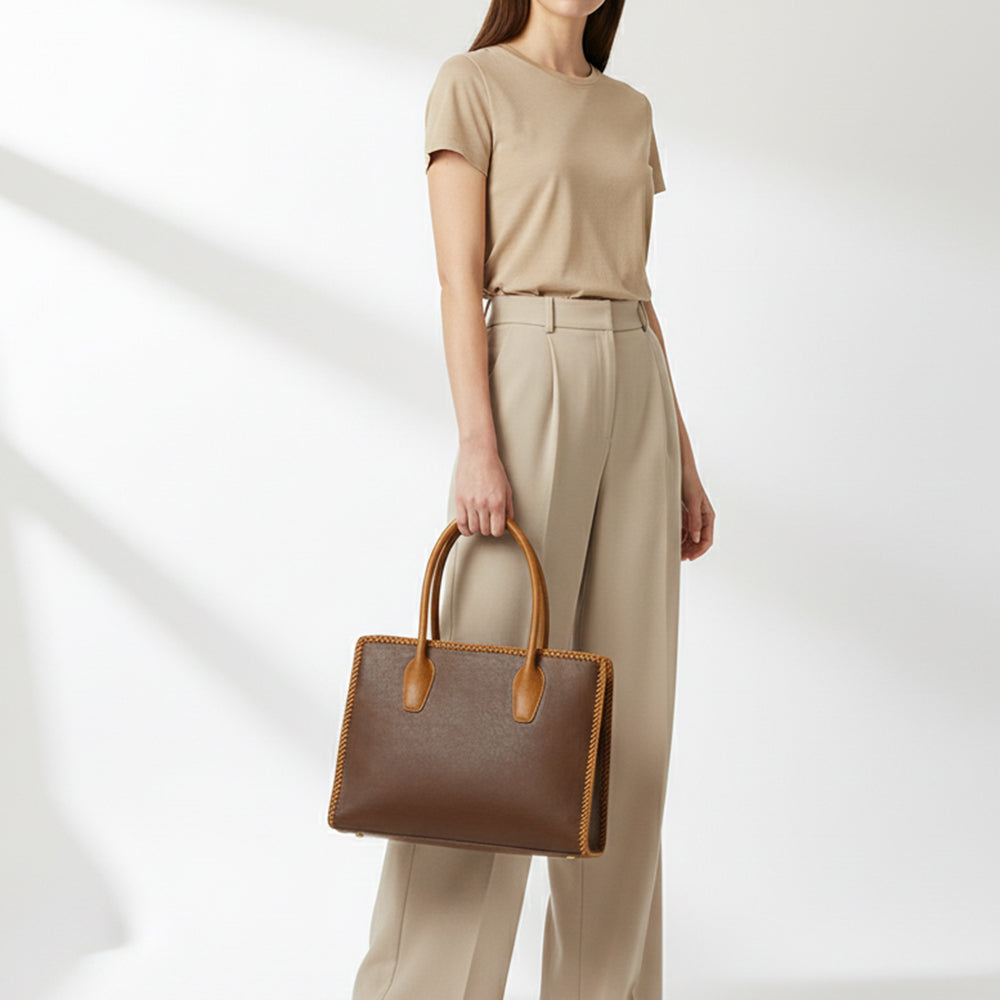 ADBGM301 Classic Western Leather Tote - Structured Caramel-Trimmed Handbag with Braided Edge