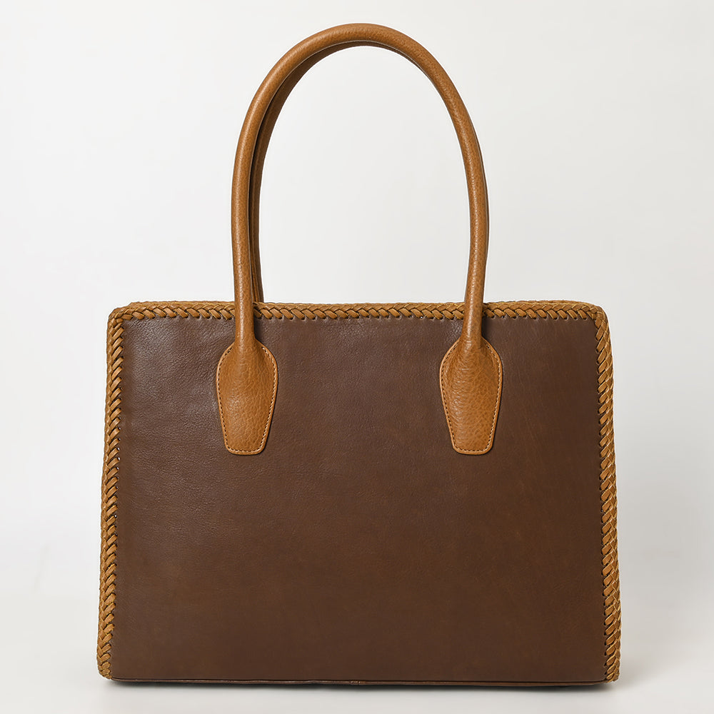 ADBGM301 Classic Western Leather Tote - Structured Caramel-Trimmed Handbag with Braided Edge
