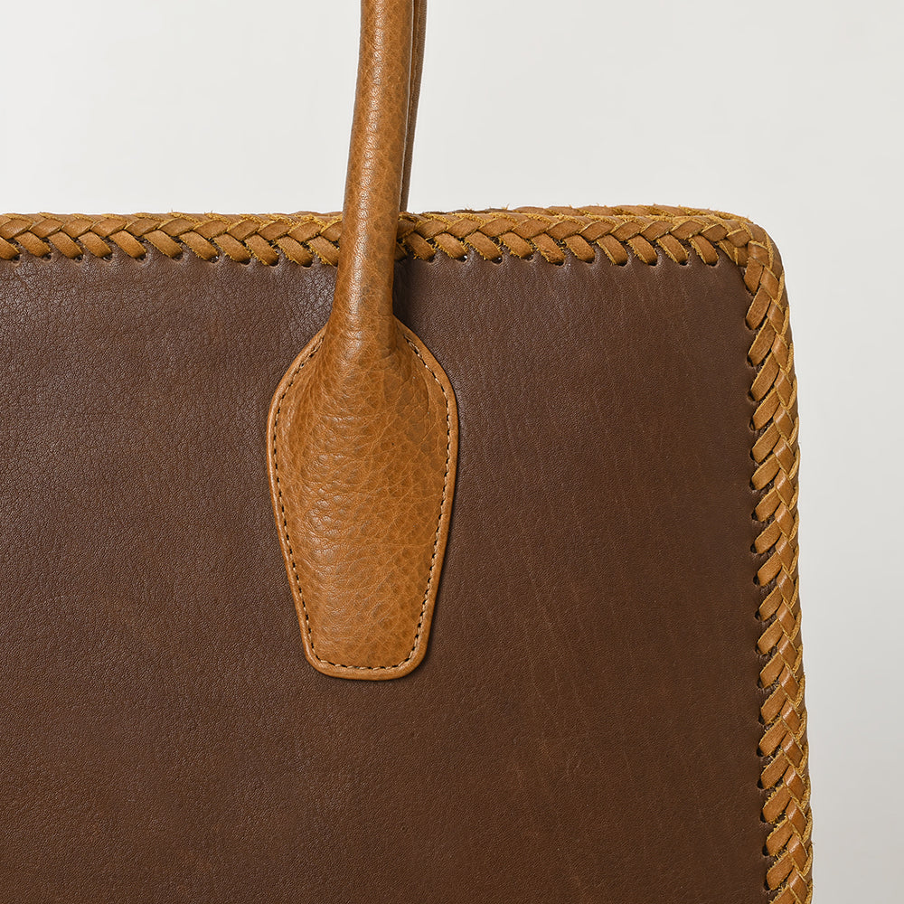 ADBGM301 Classic Western Leather Tote - Structured Caramel-Trimmed Handbag with Braided Edge