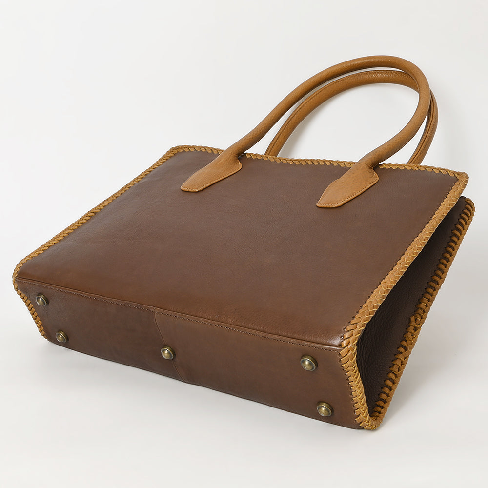 ADBGM301 Classic Western Leather Tote - Structured Caramel-Trimmed Handbag with Braided Edge