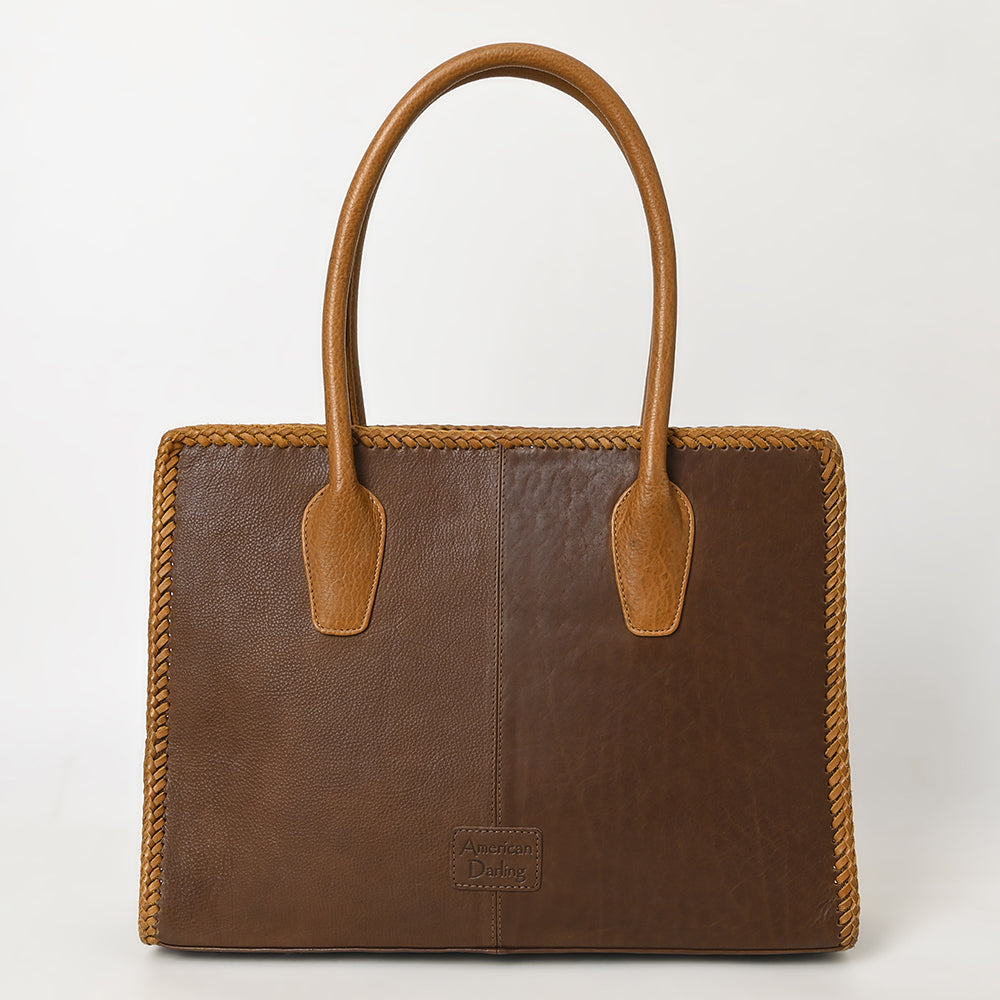 ADBGM301 Classic Western Leather Tote - Structured Caramel-Trimmed Handbag with Braided Edge