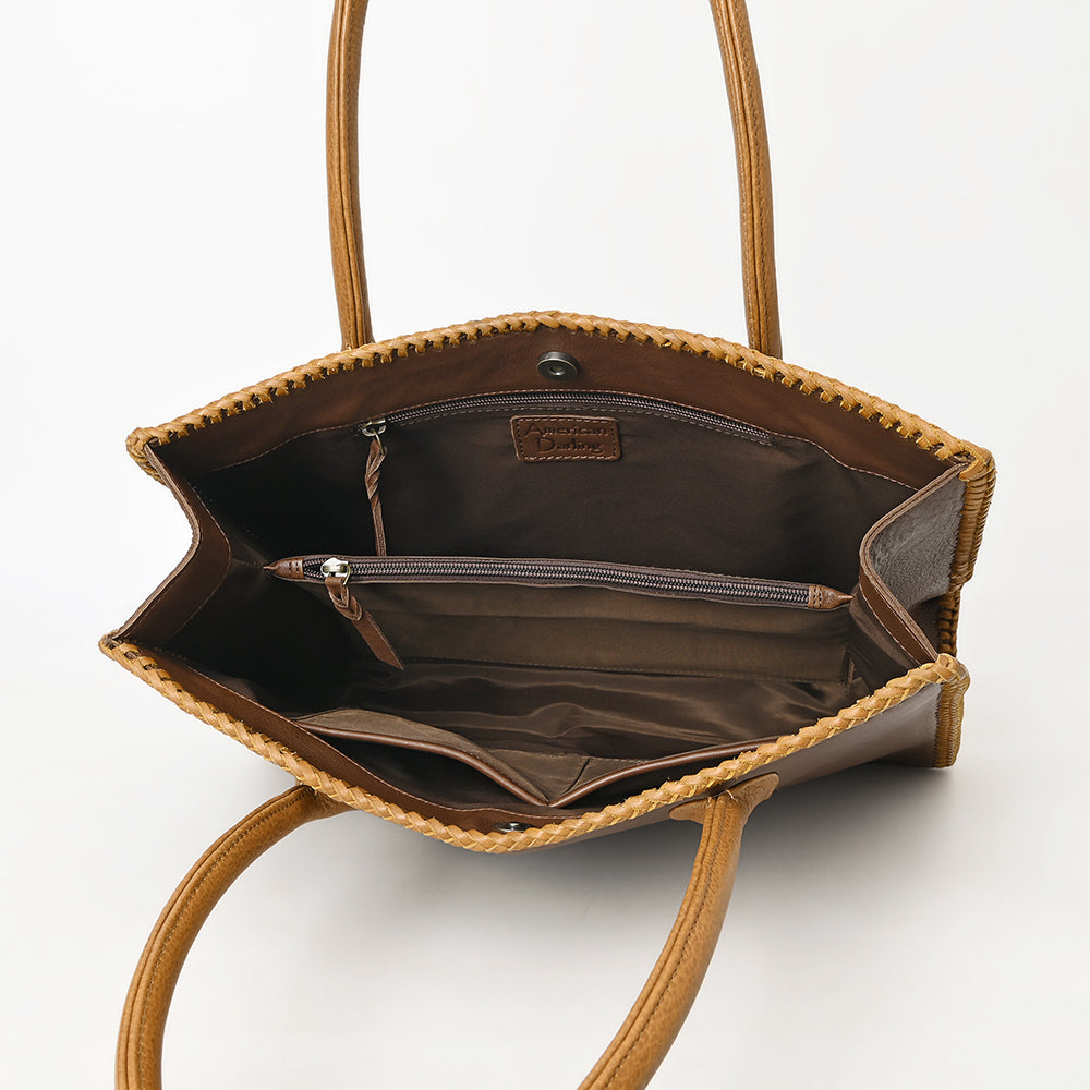 ADBGM301 Classic Western Leather Tote - Structured Caramel-Trimmed Handbag with Braided Edge