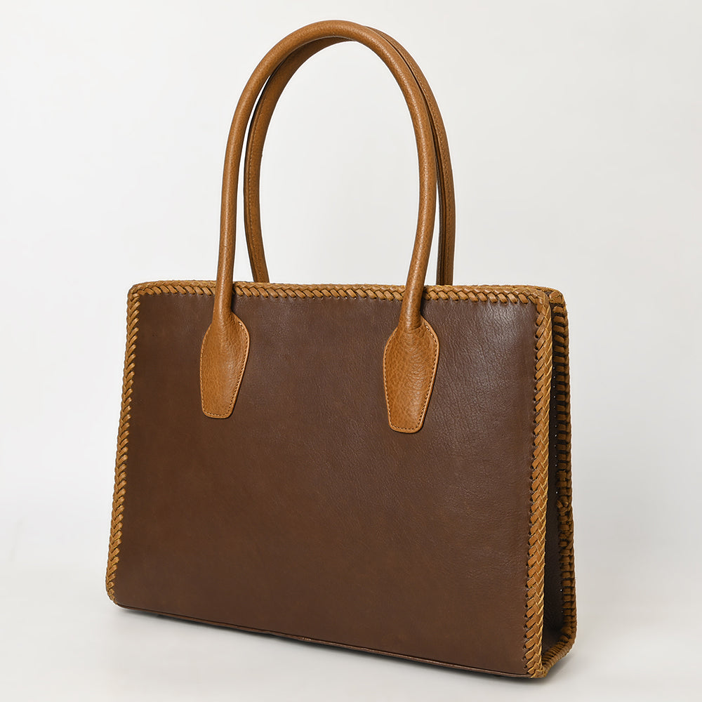 ADBGM301 Classic Western Leather Tote - Structured Caramel-Trimmed Handbag with Braided Edge