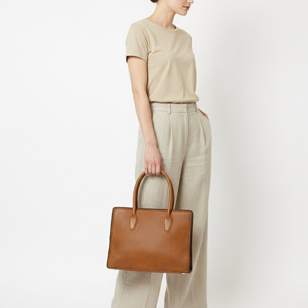 ADBGM301 Classic Western Leather Tote - Structured Caramel-Trimmed Handbag with Braided Edge