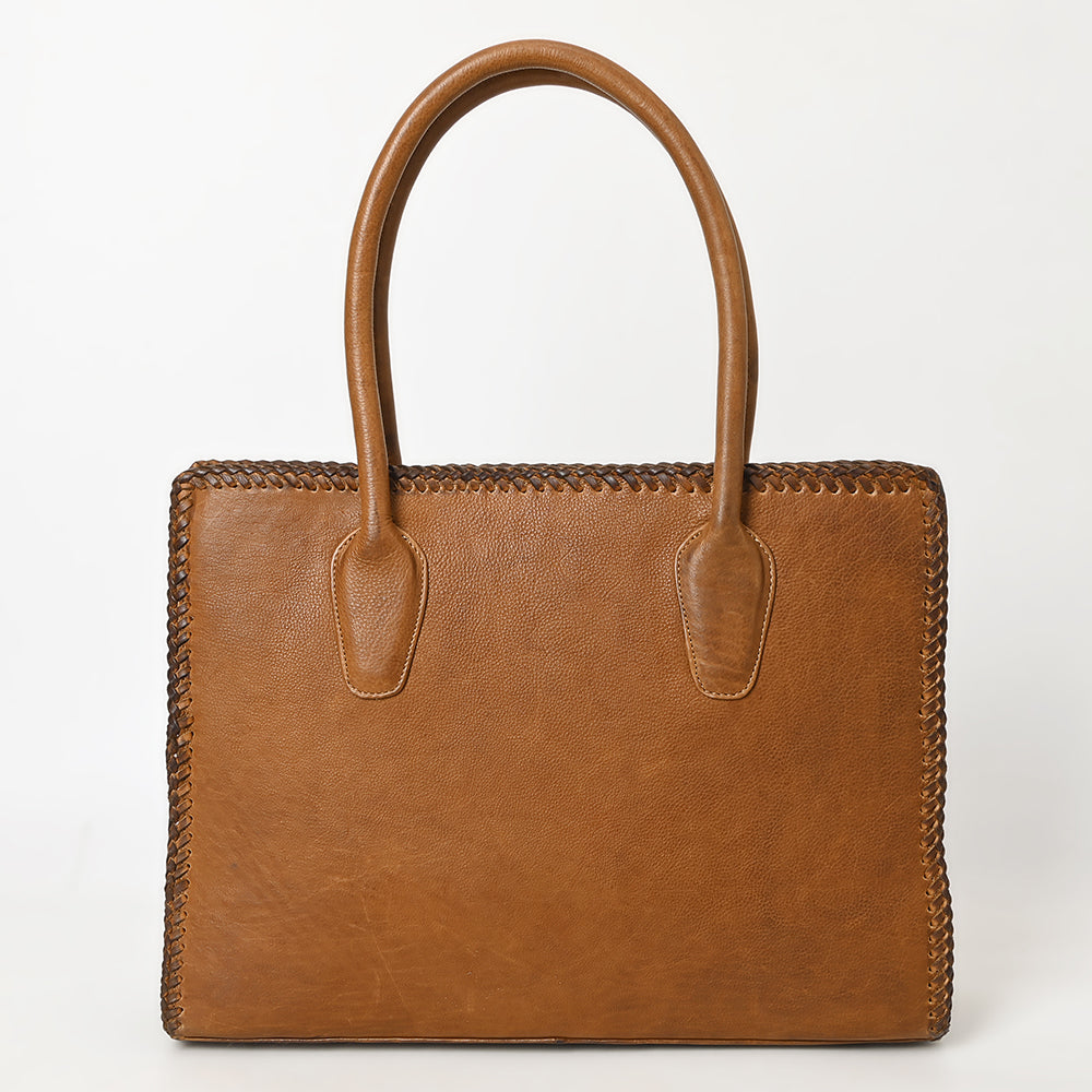 ADBGM301 Classic Western Leather Tote - Structured Caramel-Trimmed Handbag with Braided Edge