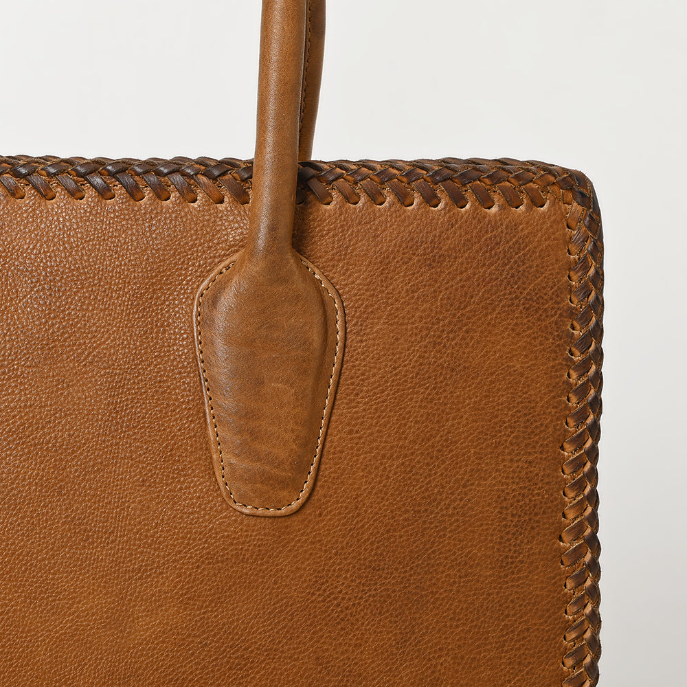 ADBGM301 Classic Western Leather Tote - Structured Caramel-Trimmed Handbag with Braided Edge