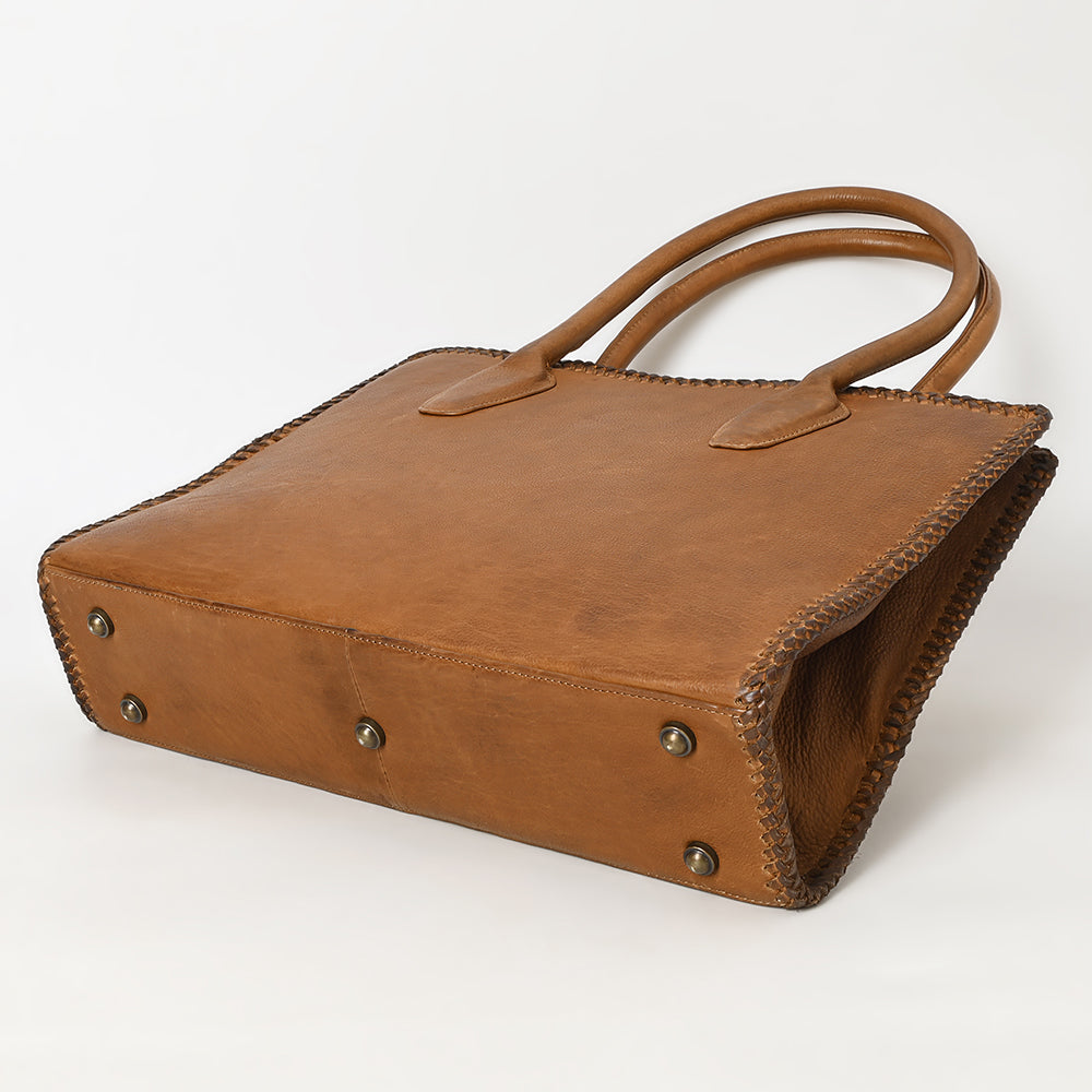ADBGM301 Classic Western Leather Tote - Structured Caramel-Trimmed Handbag with Braided Edge