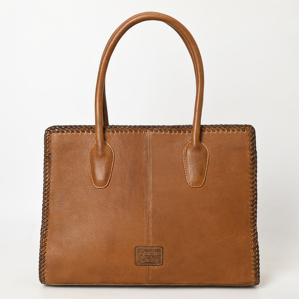 ADBGM301 Classic Western Leather Tote - Structured Caramel-Trimmed Handbag with Braided Edge