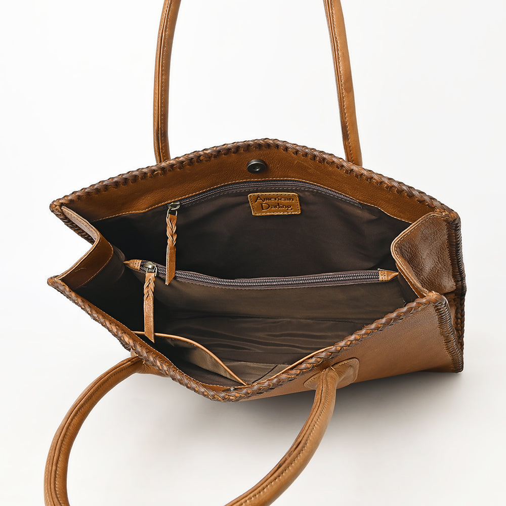 ADBGM301 Classic Western Leather Tote - Structured Caramel-Trimmed Handbag with Braided Edge