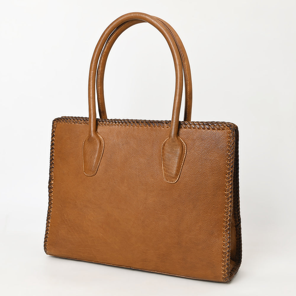 ADBGM301 Classic Western Leather Tote - Structured Caramel-Trimmed Handbag with Braided Edge
