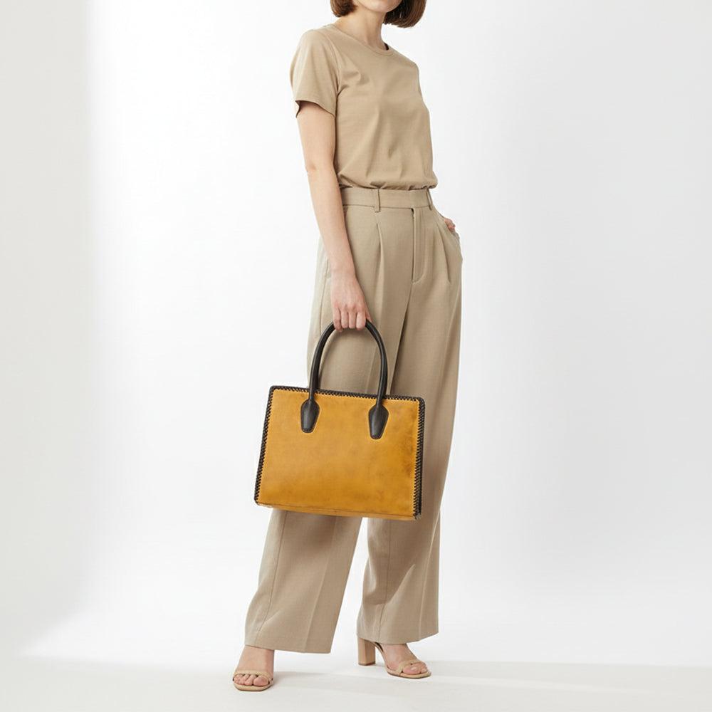 ADBGM301 Classic Western Leather Tote - Structured Caramel-Trimmed Handbag with Braided Edge