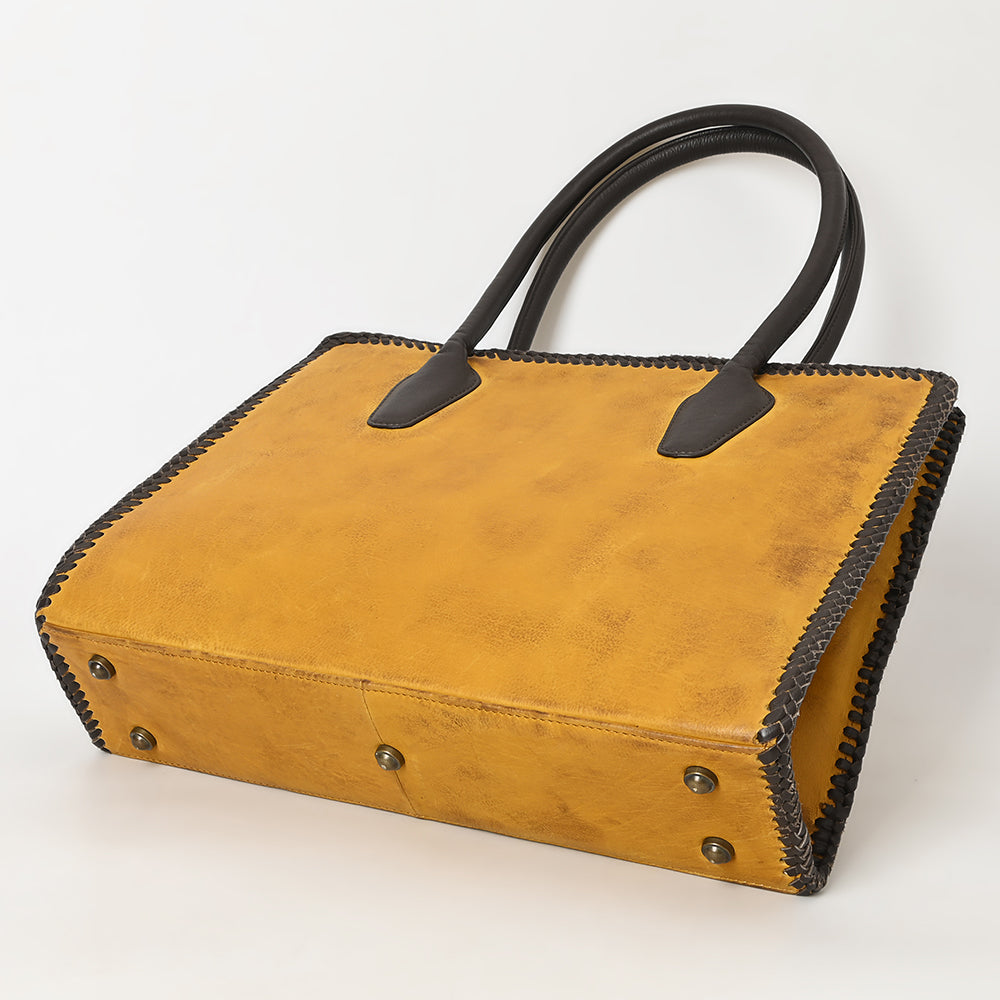 ADBGM301 Classic Western Leather Tote - Structured Caramel-Trimmed Handbag with Braided Edge