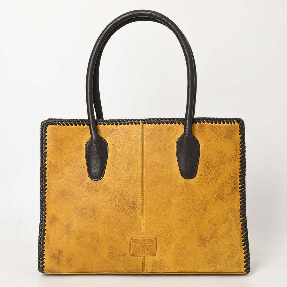 ADBGM301 Classic Western Leather Tote - Structured Caramel-Trimmed Handbag with Braided Edge