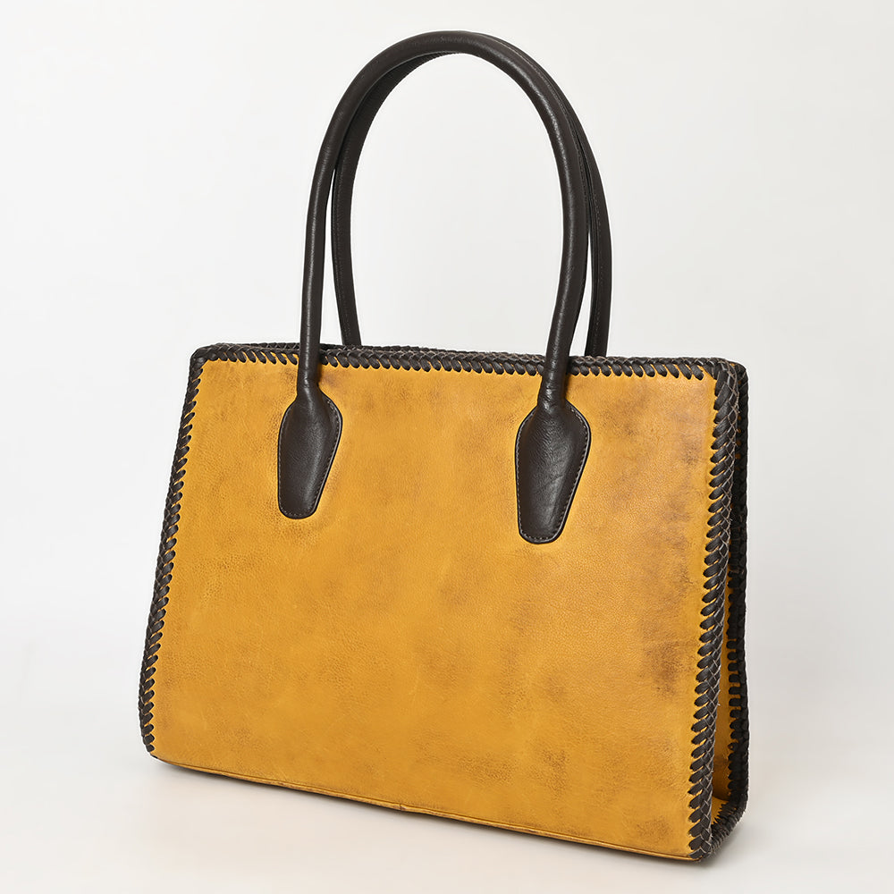 ADBGM301 Classic Western Leather Tote - Structured Caramel-Trimmed Handbag with Braided Edge