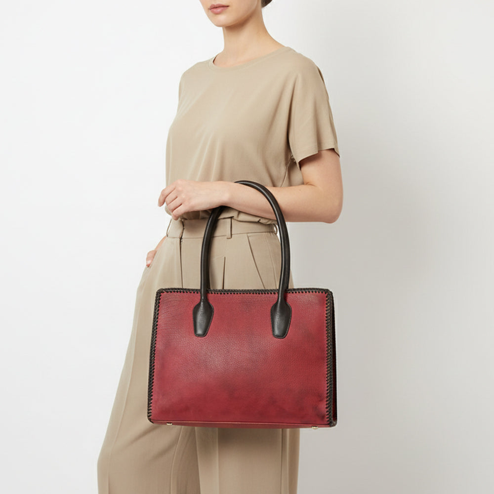 ADBGM301 Classic Western Leather Tote - Structured Caramel-Trimmed Handbag with Braided Edge