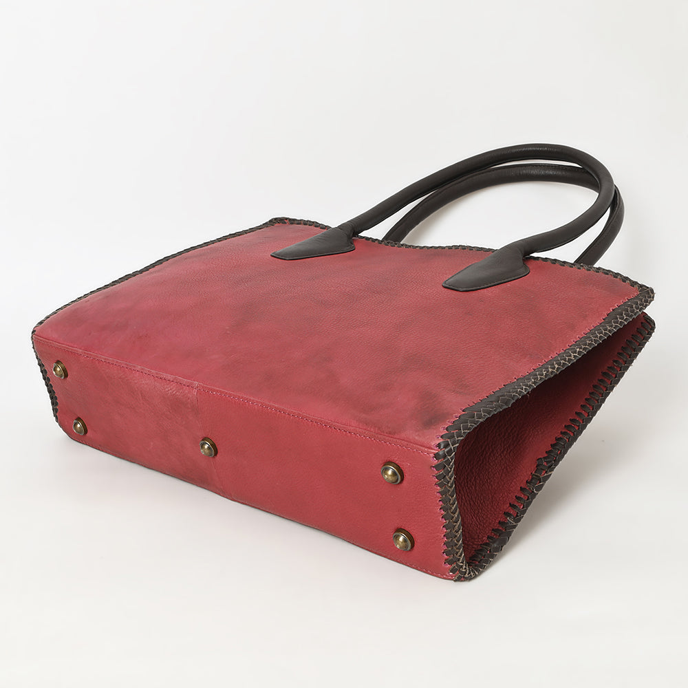 ADBGM301 Classic Western Leather Tote - Structured Caramel-Trimmed Handbag with Braided Edge