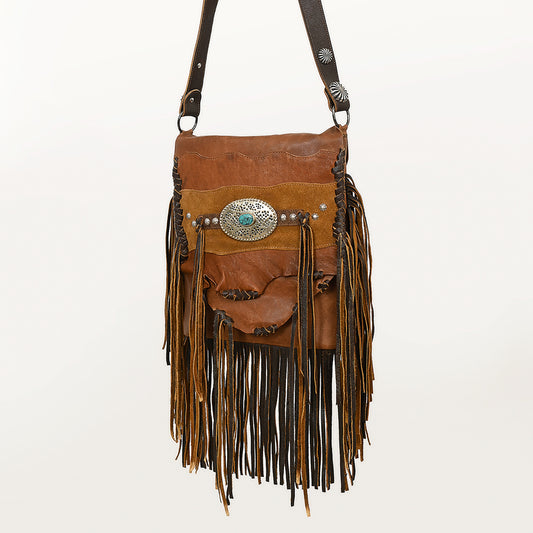 ADBGM253 Distressed Leather Fringe Messenger - Western Raw Edge Purse with Turquoise Concho