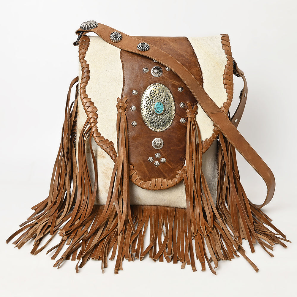 ADBGM253 Cowhide Leather Fringe Messenger Bag - Turquoise Concho & Studded Western Messenger