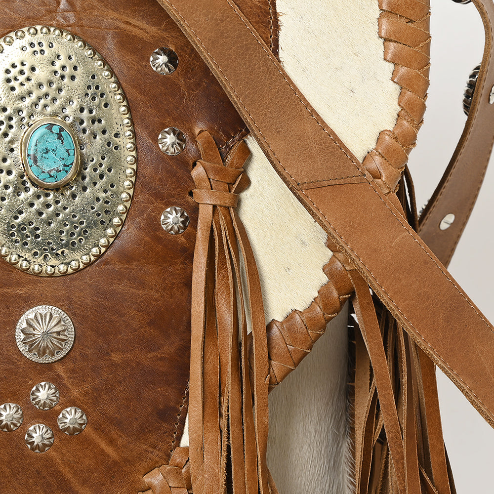 ADBGM253 Cowhide Leather Fringe Messenger Bag - Turquoise Concho & Studded Western Messenger