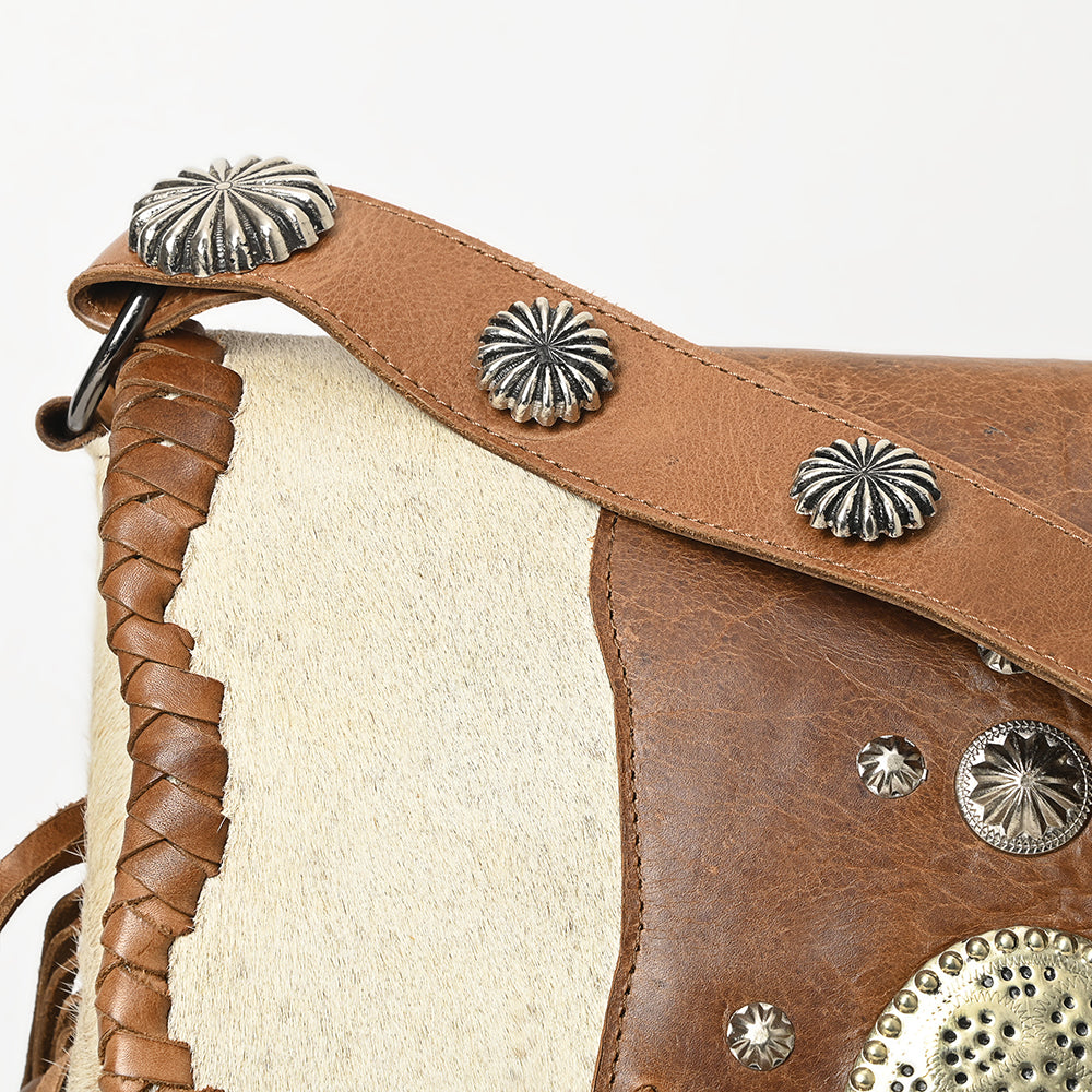 ADBGM253 Cowhide Leather Fringe Messenger Bag - Turquoise Concho & Studded Western Messenger